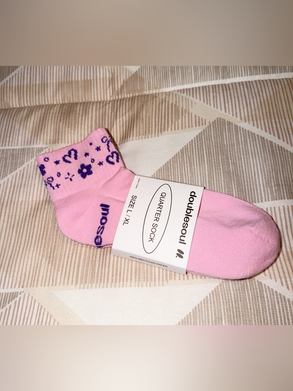 DOUBLESOUL Pink Quarter Socks with Purple Flower & Heart Pattern NWT